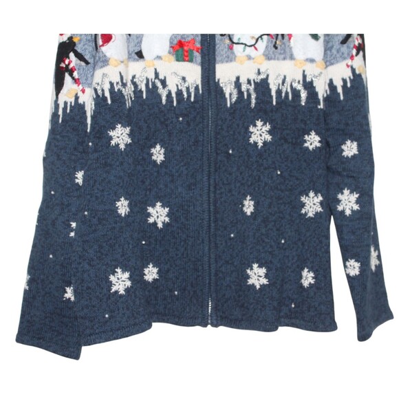 Vintage Tiara Sweater Women's Large Blue Penguins Winter Full Zip Cardigan - Picture 5 of 7
